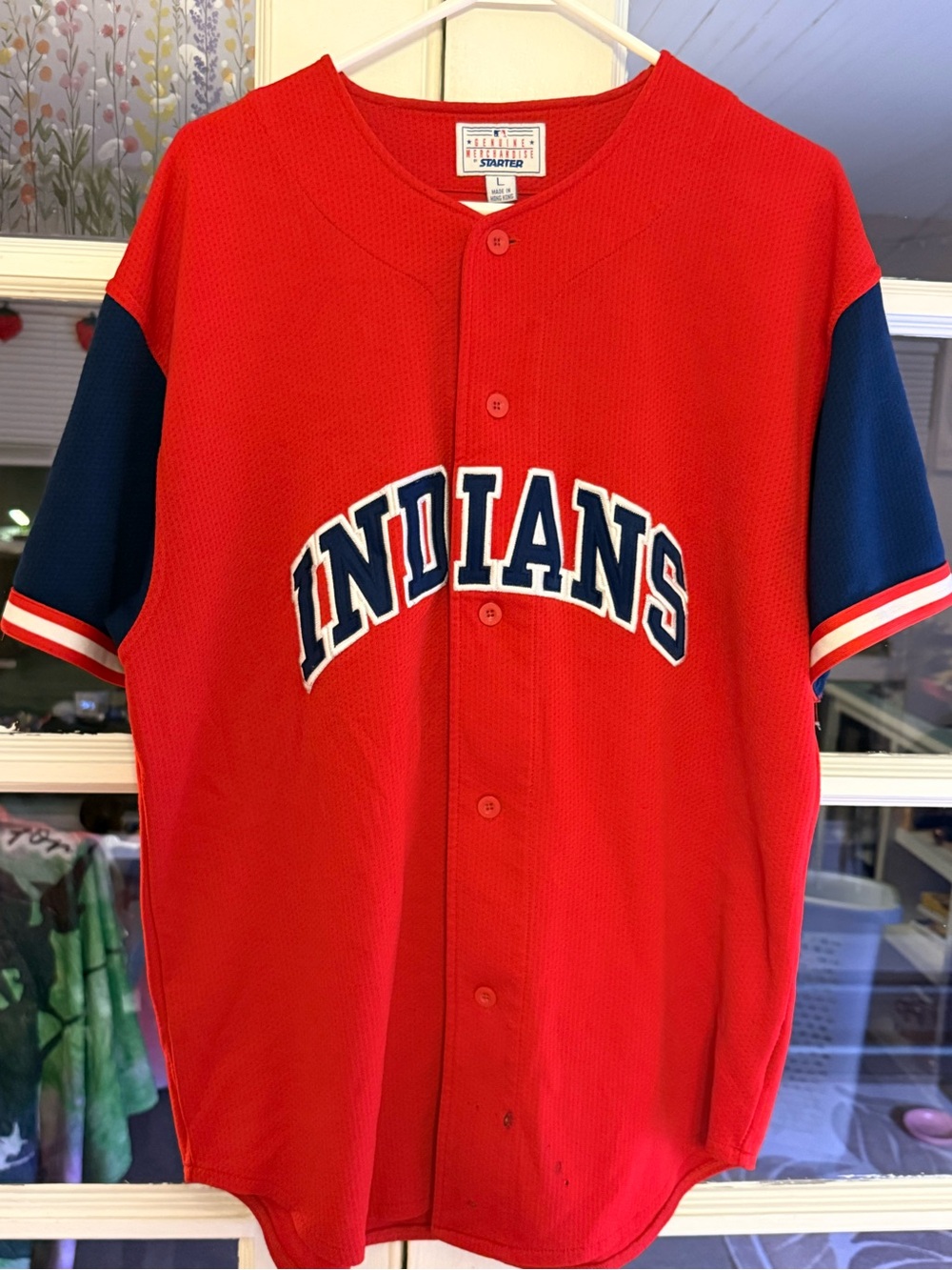 Vintage Indians Red Baseball Jersey with Navy Sleeves